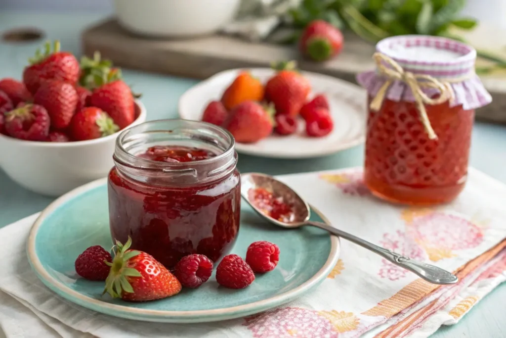 A traditional jelly jar compared with a fruit-only jelly jar, displayed with spoonfuls and fresh fruits.