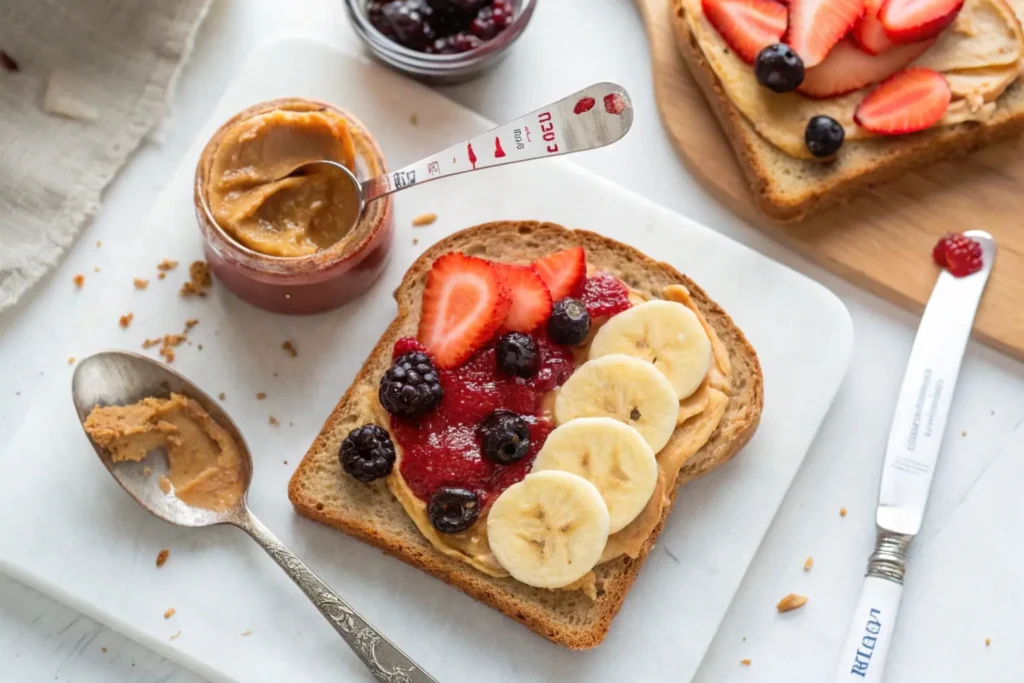 An open-faced PB&J sandwich on thin-sliced whole grain bread with fresh fruit and calorie labels.