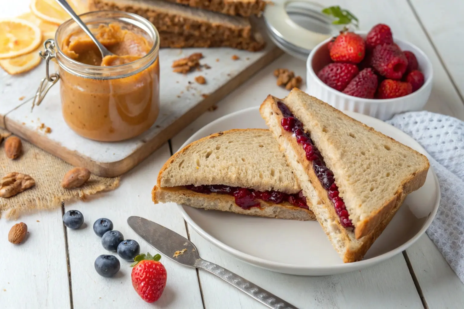 A peanut butter and jelly sandwich on whole grain bread, paired with natural peanut butter and low-sugar jelly jars.