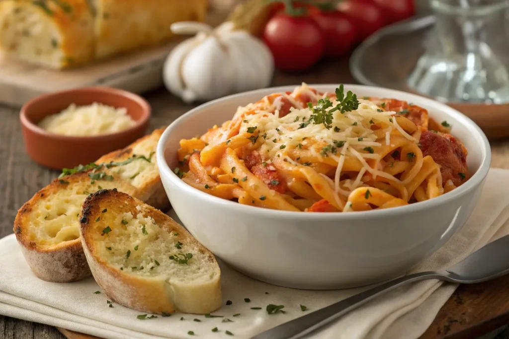 A bowl of slow-cooked pasta topped with melted cheese and herbs, served with garlic bread.