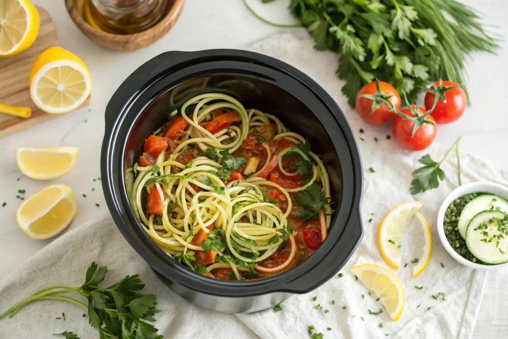 Spiralized zucchini noodles with colorful veggies and tomato sauce in a slow cooker.