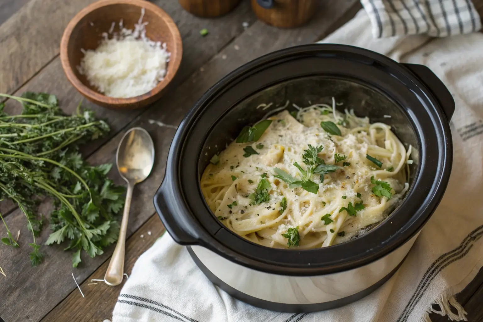 Slow cooker filled with creamy pasta, garnished with fresh herbs and Parmesan cheese on a rustic wooden table.