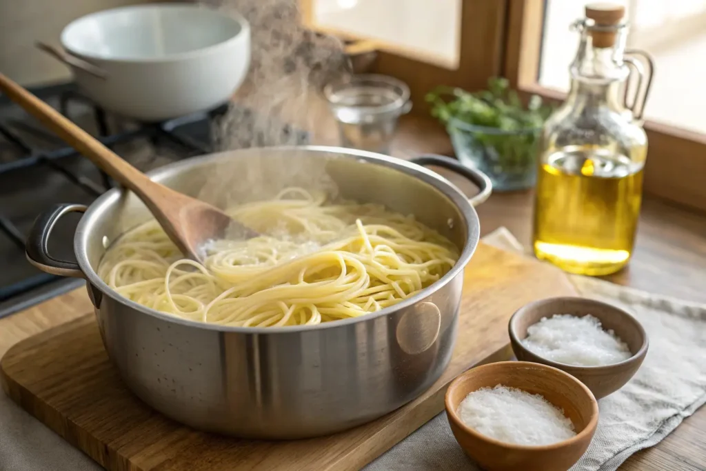 Angel hair pasta boiling in a pot of salted water, with steam rising and a wooden spoon on the edge.