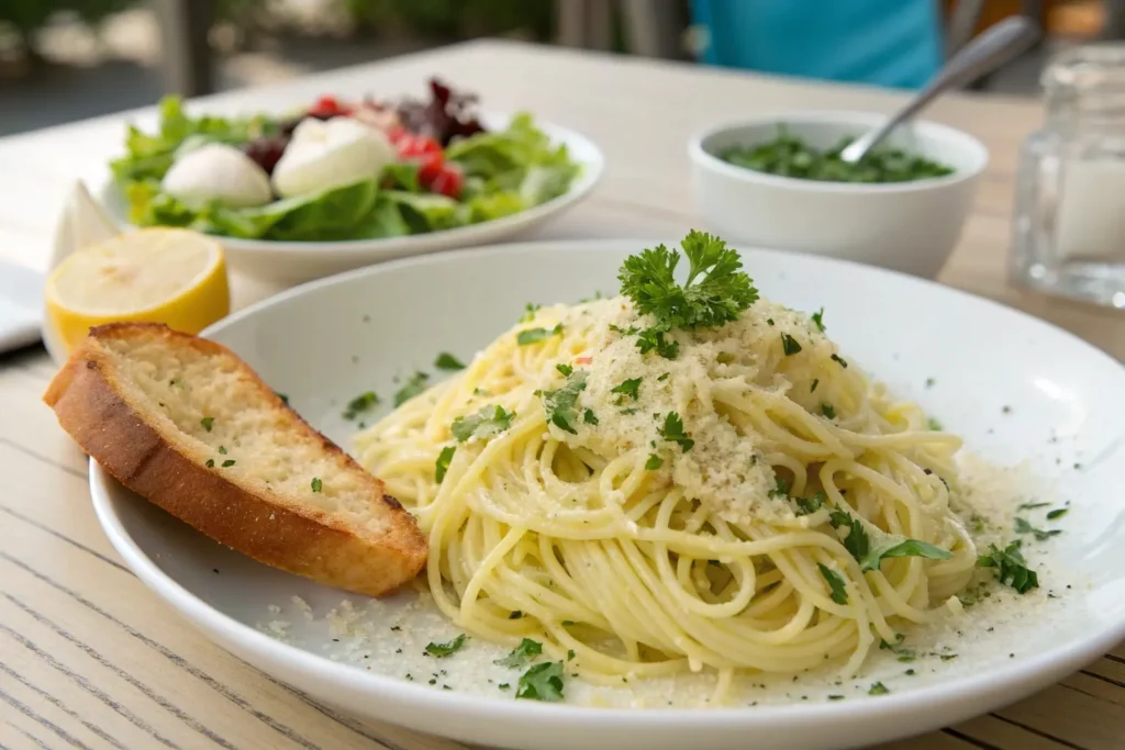 Plated angel hair pasta with lemon butter sauce, parsley, Parmesan, and a side of garlic bread.