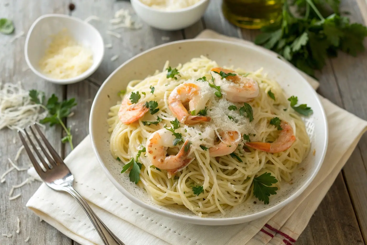 Plated angel hair pasta with shrimp, garlic-butter sauce, parsley, and Parmesan on a rustic table.