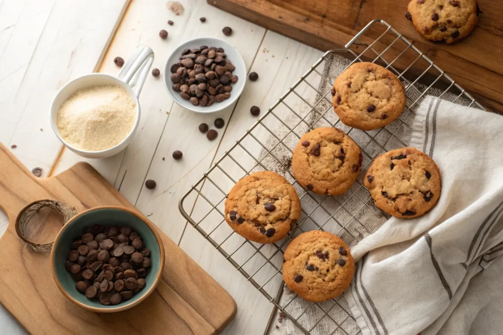 Freshly baked Disney chocolate chip cookies cooling on a wire rack.