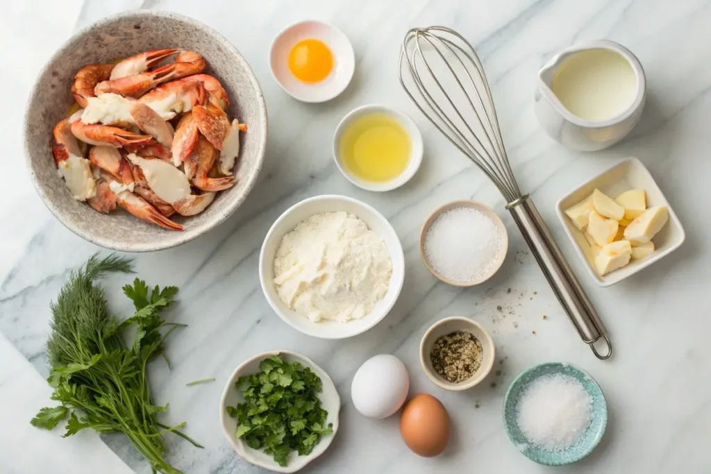 Overhead view of crab brulee ingredients, including fresh crab meat, cream, eggs, and sugar.