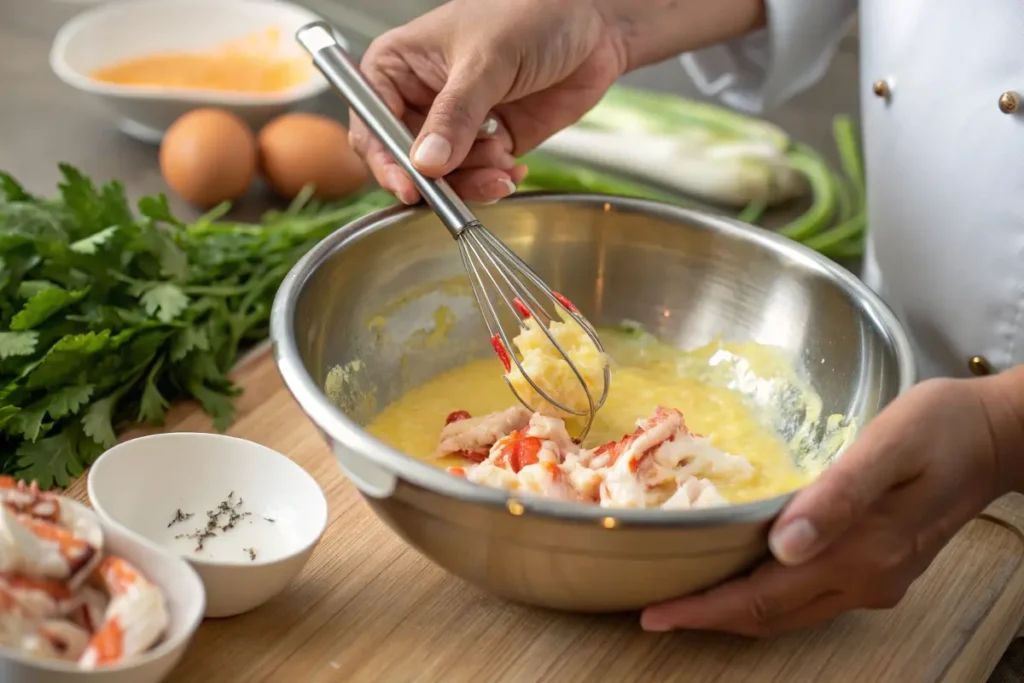 Close-up of crab meat being mixed into a custard base for crab brulee preparation.