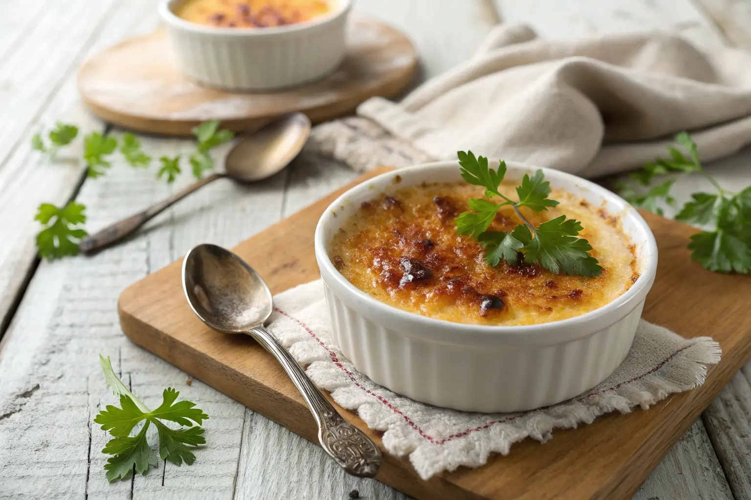 Close-up of a crab brulee in a ramekin with a caramelized sugar crust and parsley garnish.