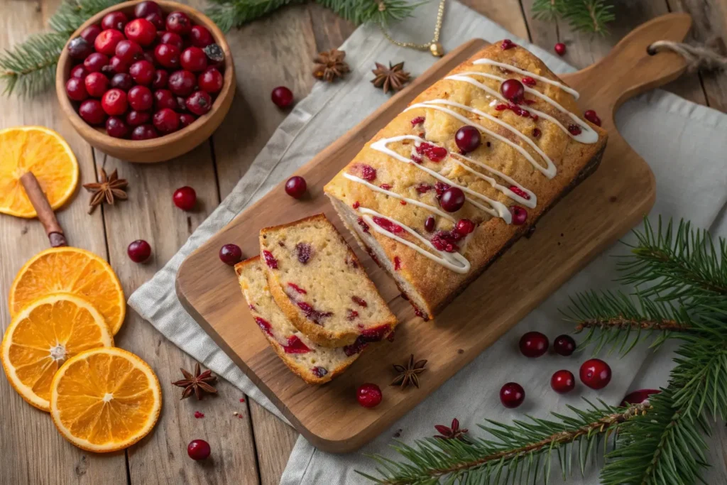 A sliced loaf of cranberry bread with vibrant cranberries and orange zest, surrounded by fresh cranberries and orange slices.