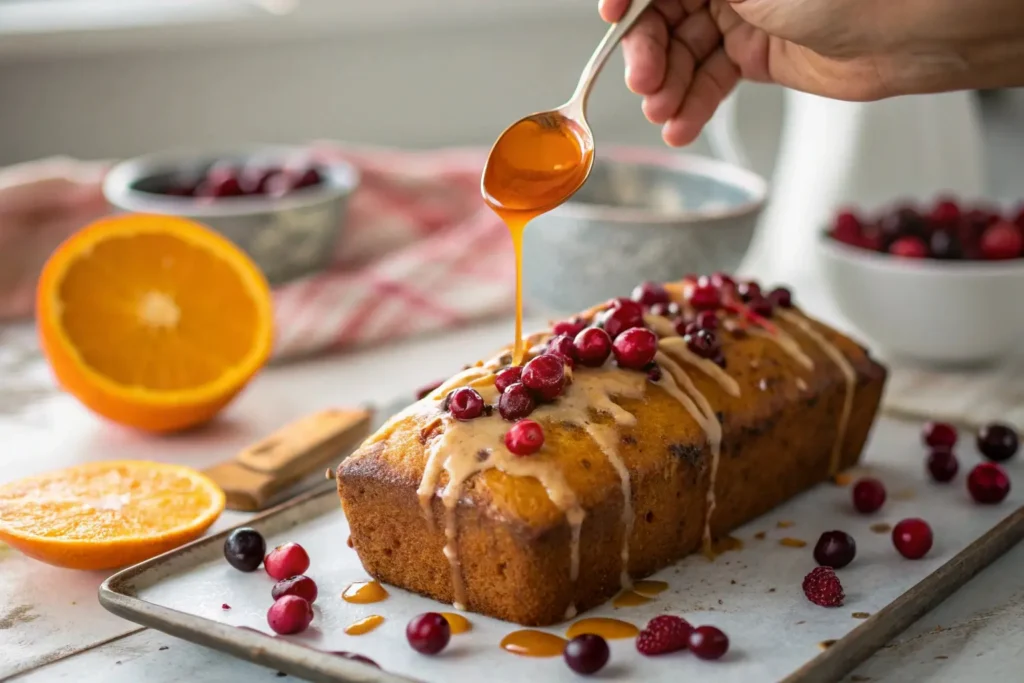 A close-up of a hand drizzling orange glaze over a cranberry bread loaf, with fresh cranberries and orange zest nearby.