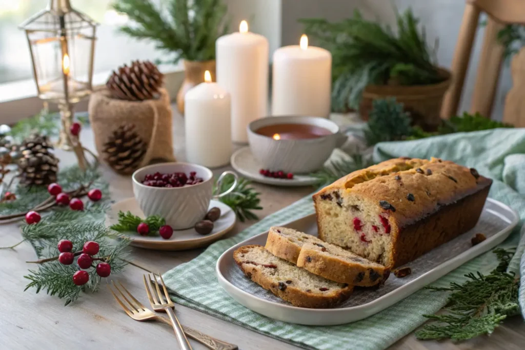 A loaf of cranberry bread on a holiday-themed table, surrounded by candles, greenery, and a cup of tea.