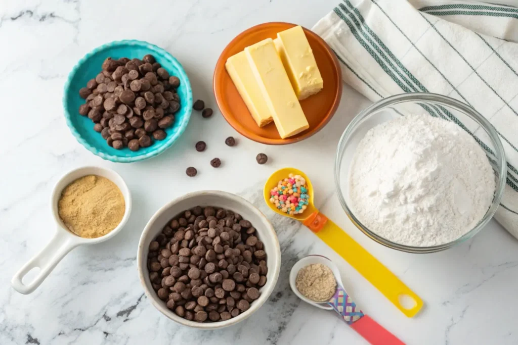 Baking ingredients for Disney chocolate chip cookies, including chocolate chips and brown sugar.