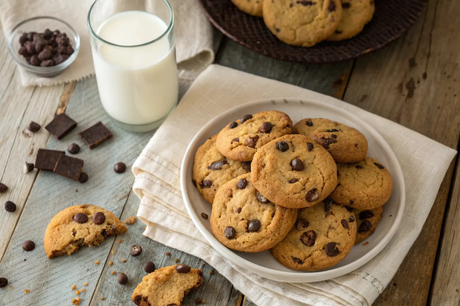 Plate of Disney chocolate chip cookies with a glass of milk.