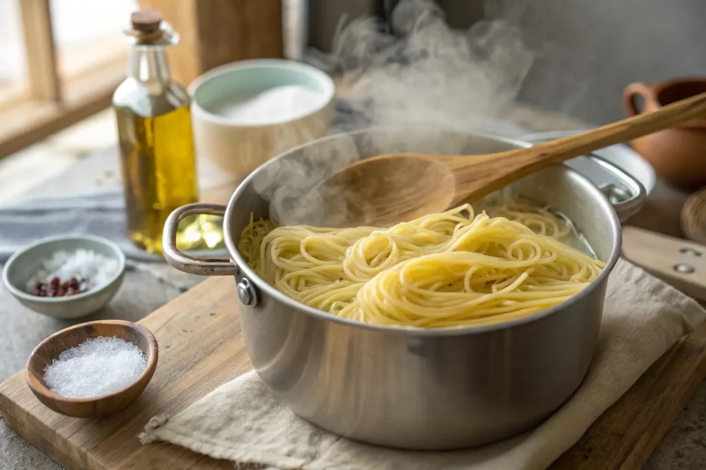 Angel hair pasta boiling in a pot of salted water with steam rising.