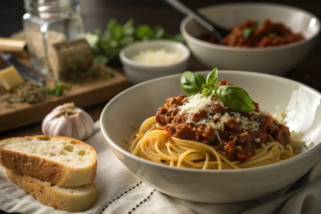 Spaghetti with rich meat sauce, garnished with fresh basil and Parmesan cheese.