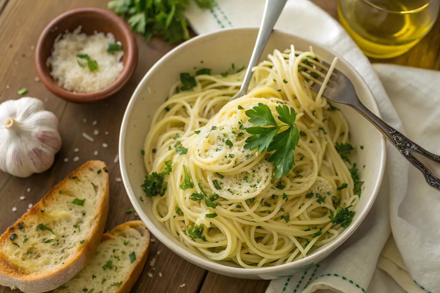 Bowl of angel hair pasta with garlic and olive oil, topped with parsley and Parmesan.