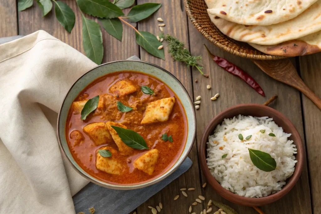 Overhead view of a bowl of fish gravy garnished with curry leaves, served with rice and naan on a rustic wooden table.
