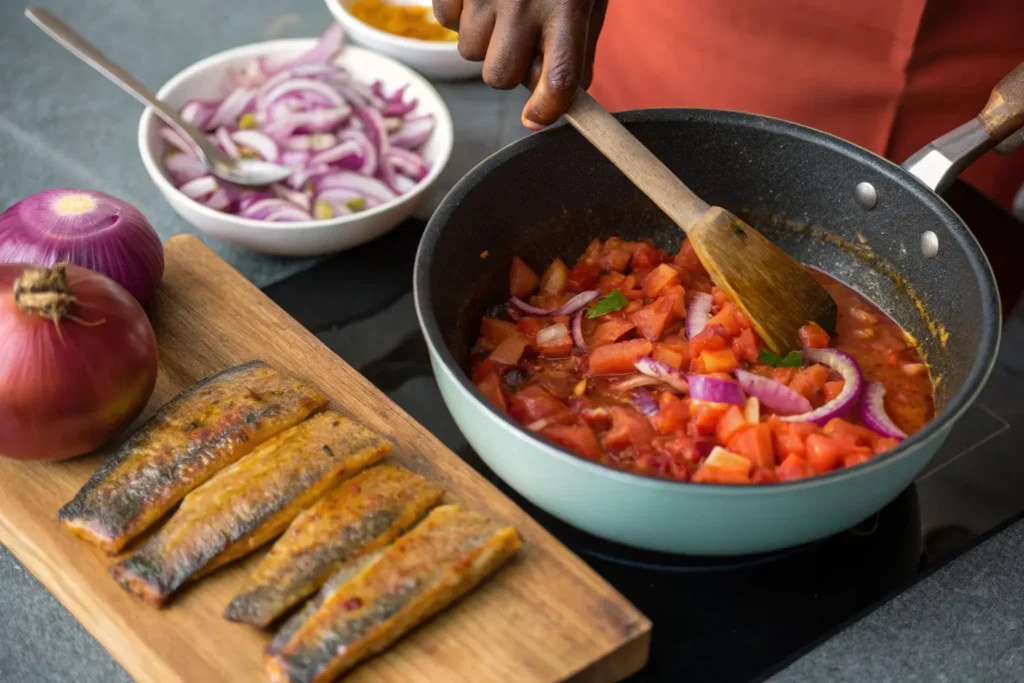 A chef stirring onion and tomato masala in a pot with fish pieces marinating on the side.