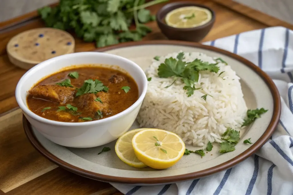 A cozy serving of fish gravy in a bowl with steamed rice, garnished with coriander and lemon wedges.