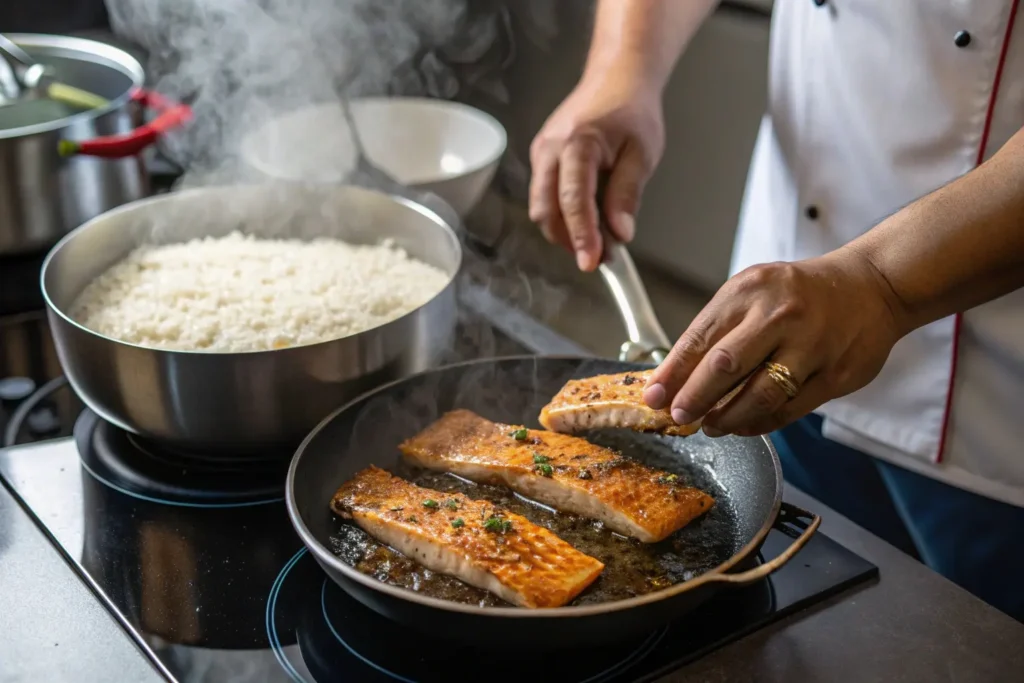A chef’s hands adding marinated fish fillets to a skillet with rice simmering in the background.