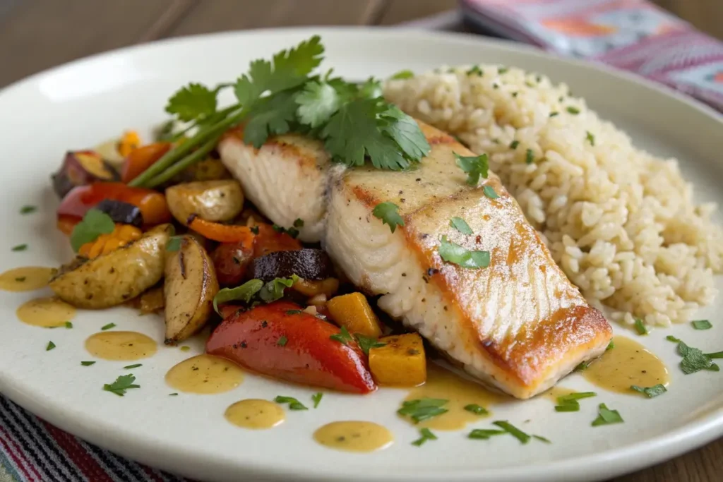 A plate of fish and rice served with roasted vegetables, garnished with fresh cilantro and sauce.