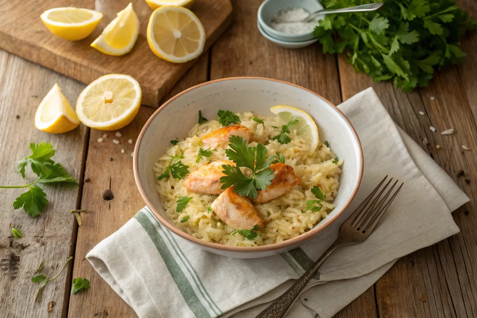 Overhead view of a bowl of golden fish rice garnished with parsley and lemon wedges on a rustic wooden table.
