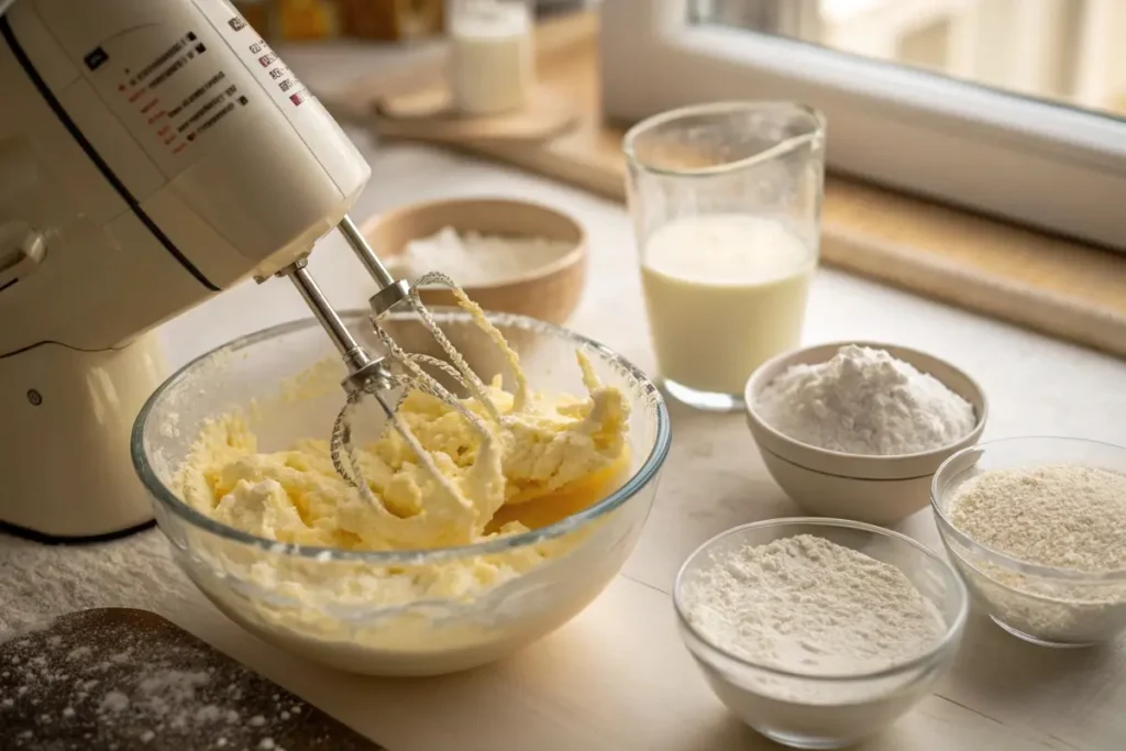 Butter and sugar being creamed in a mixing bowl with flour and milk nearby on a kitchen counter.