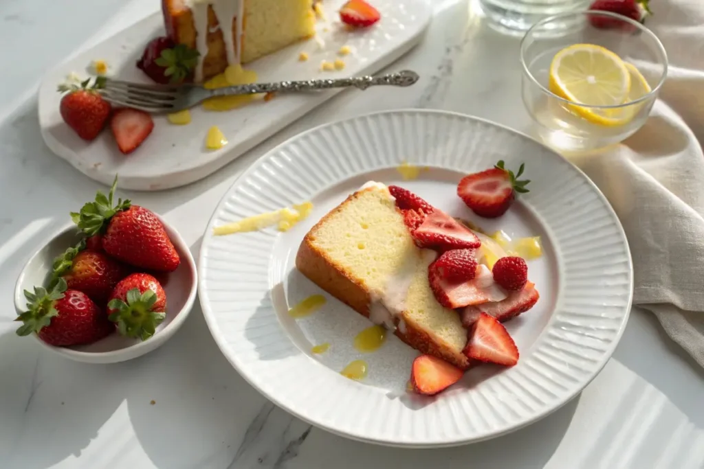 A slice of pound cake on a white plate, garnished with fresh strawberries and drizzled with lemon glaze.