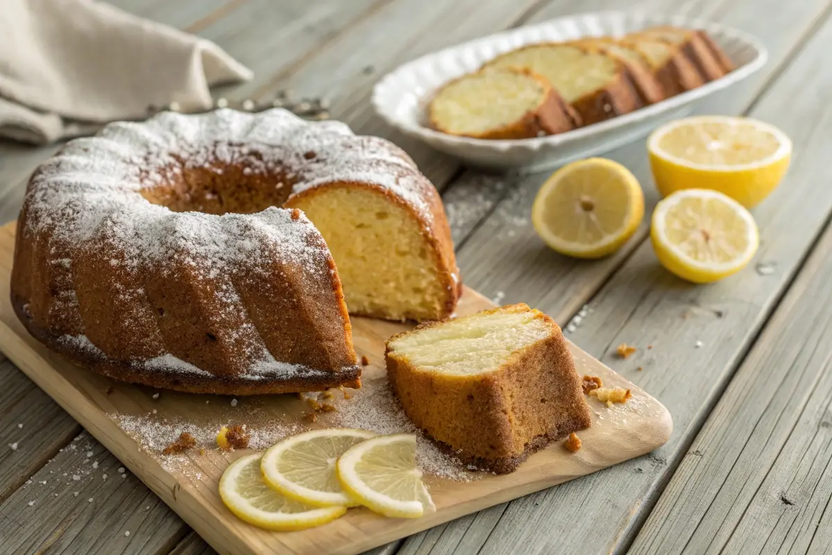 Golden-brown pound cake sliced and dusted with powdered sugar, garnished with lemon slices on a rustic wooden table.