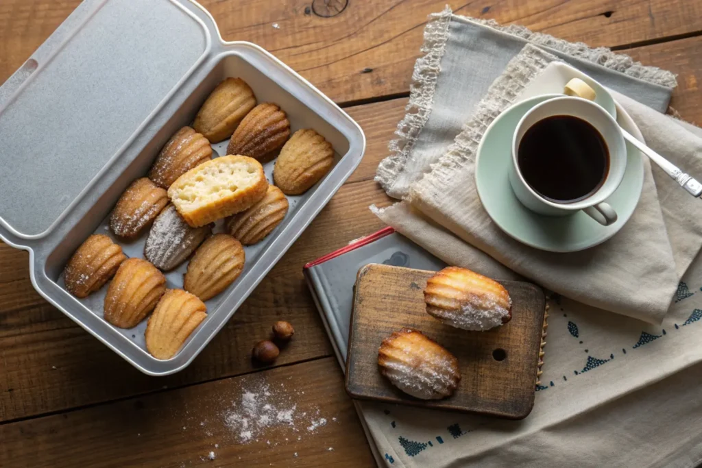 Madeleines stored in an airtight container with a piece of bread to retain moisture.