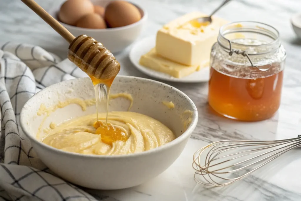 Madeleine batter being mixed with a drizzle of honey for added moisture.
