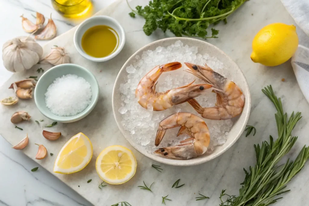 Fresh raw shrimp on ice, surrounded by lemon slices and fresh herbs.