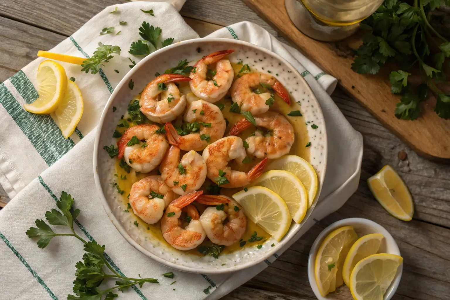 Plate of tender shrimp in garlic butter sauce, garnished with parsley and lemon wedges.