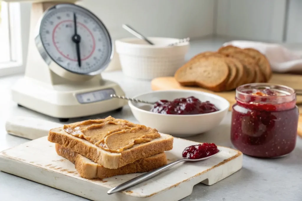 Multigrain bread with peanut butter being spread, accompanied by fruit-only jelly and measuring spoons.