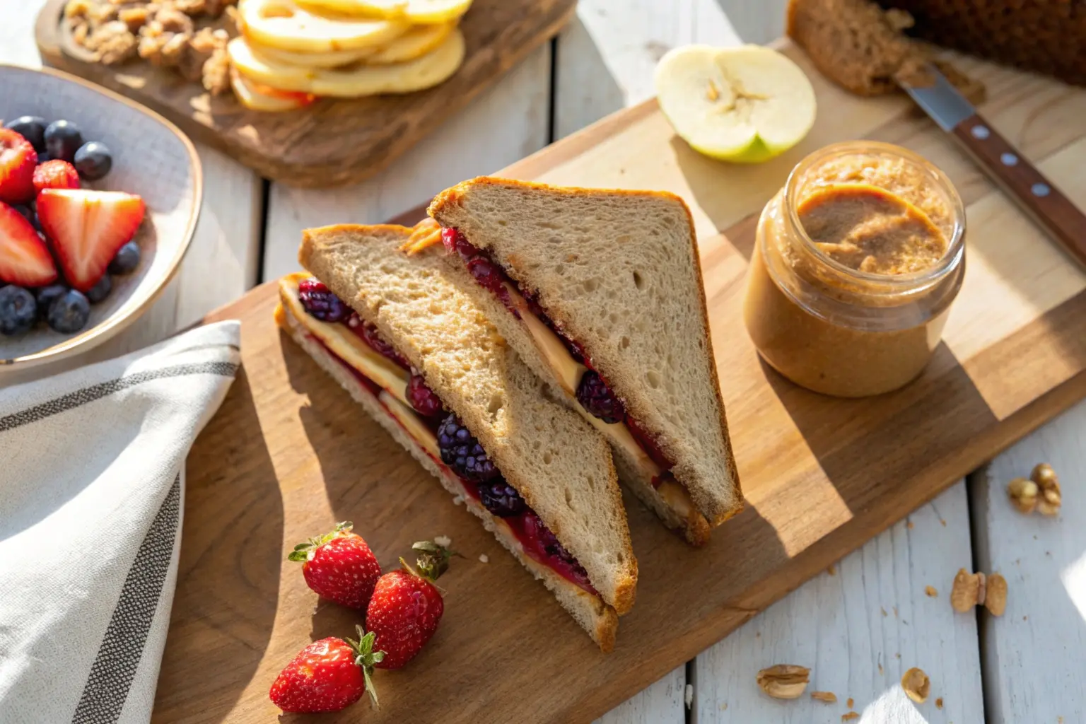 A peanut butter and jelly sandwich on whole wheat bread, cut diagonally, served with fresh fruit and a jar of natural peanut butter nearby.