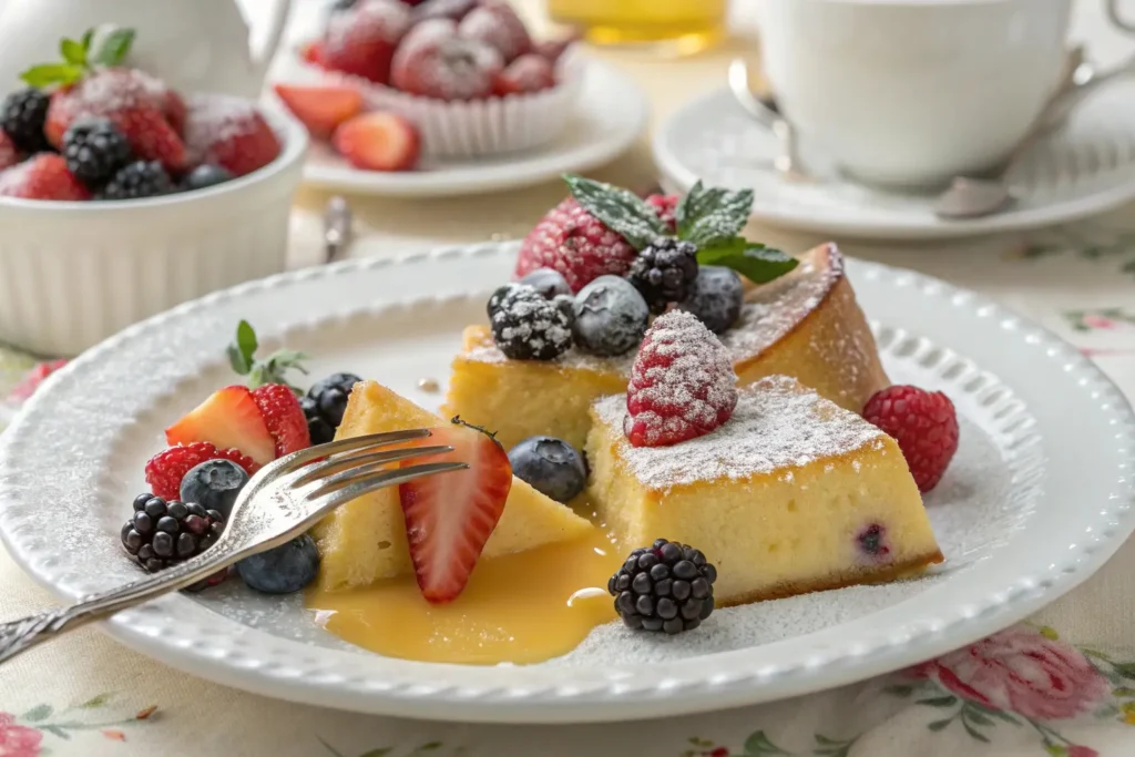 A dessert plate with slices of fruit pudding, powdered sugar, fresh berries, and custard.