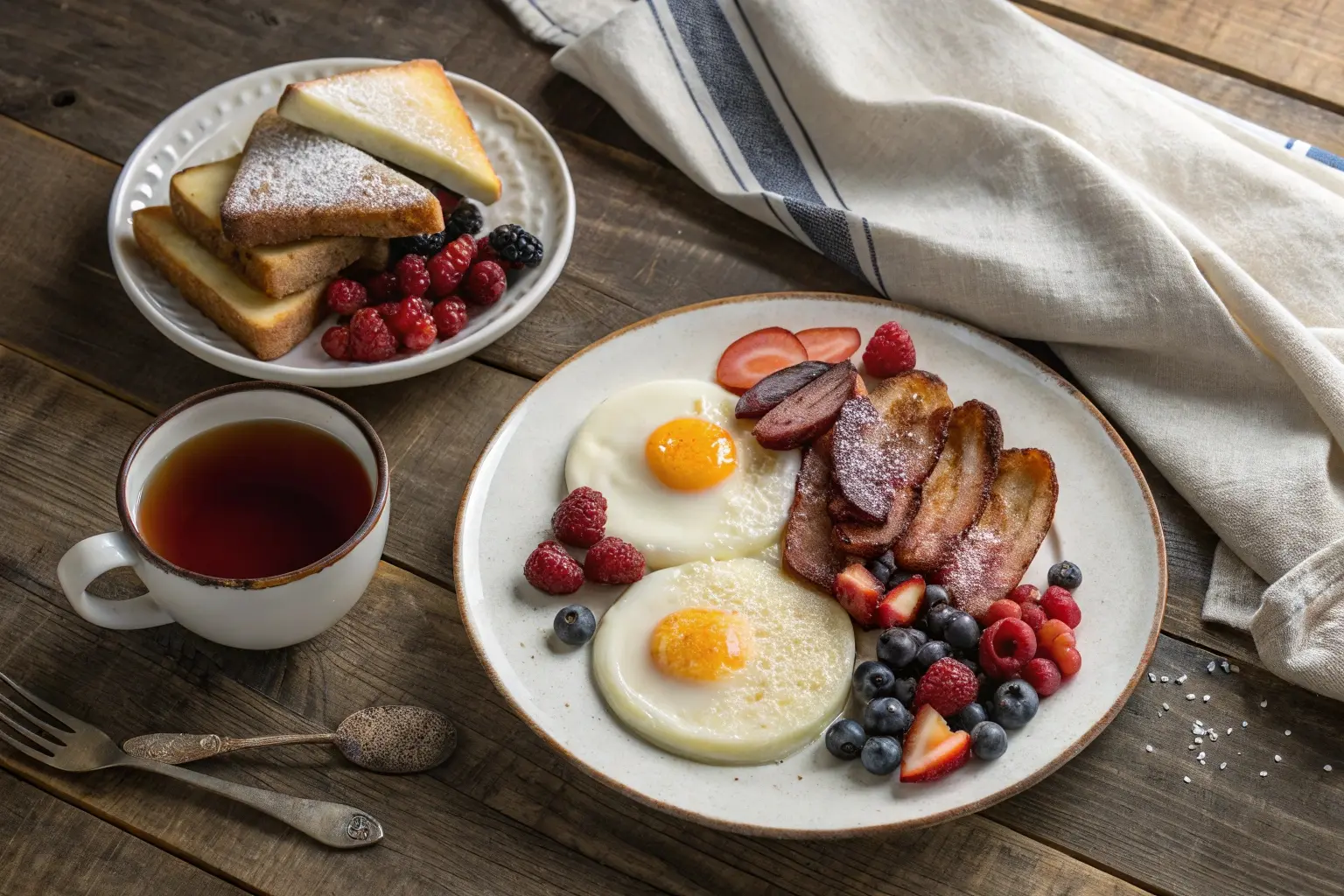 A rustic breakfast spread featuring white pudding slices with eggs, bacon, and toast on one plate, and fruit pudding slices with powdered sugar and berries on another.