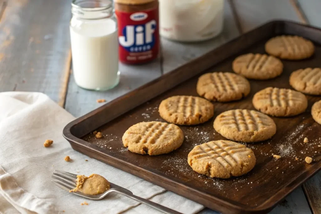 Freshly baked Jif peanut butter cookies on a wooden tray with a glass of milk.