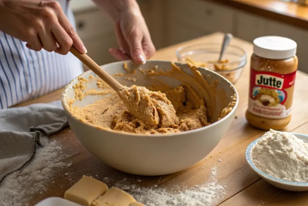 Mixing a batch of Jif peanut butter cookie dough in a bowl with a wooden spoon.
