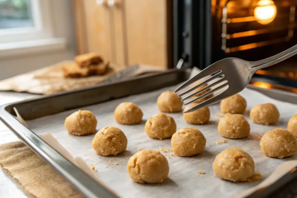 Peanut butter cookie dough balls on a baking sheet with a fork making a crisscross pattern.