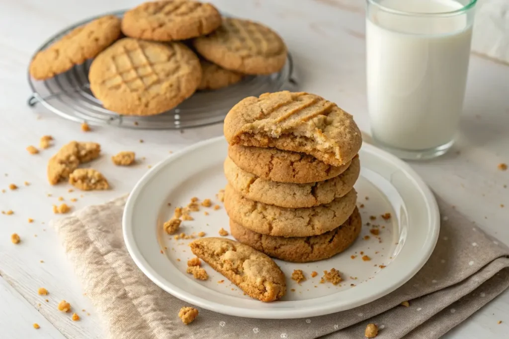 A plate of fresh Jif peanut butter cookies with a broken cookie showing its chewy inside.