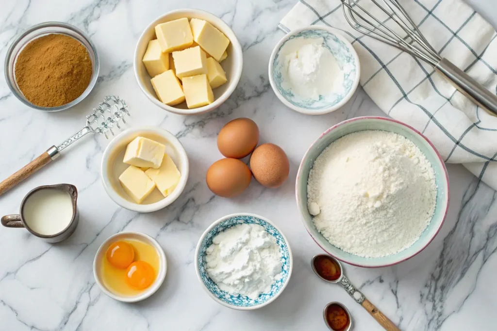 Ingredients for Madeline cookies, including cream, eggs, and sugar, on a marble counter.