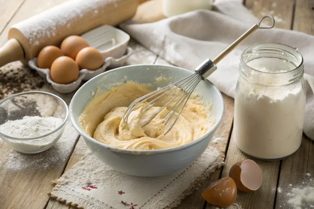 Whisking batter for Madeline cookies using cream, with ingredients nearby.