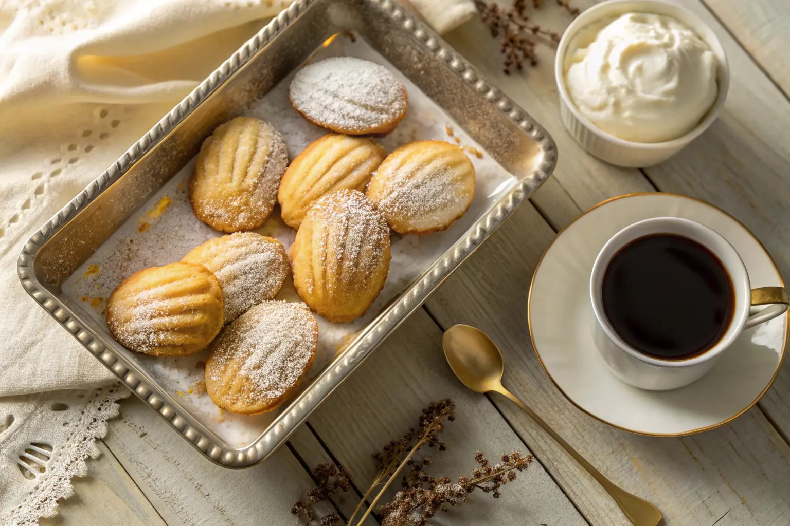 Golden Madeline cookies dusted with powdered sugar next to a cup of coffee.