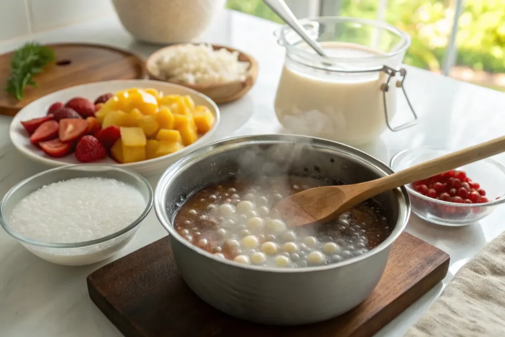 Tapioca pearls boiling in a saucepan with ingredients arranged nearby.