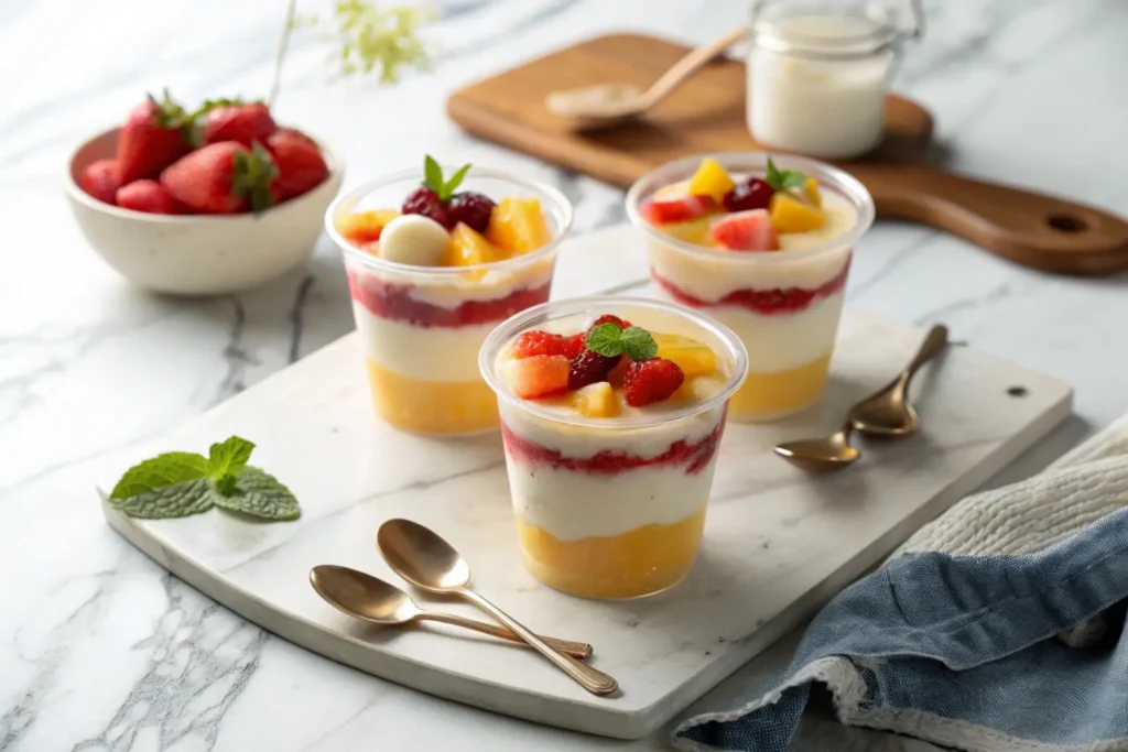 Individual servings of nata fruit pudding in glass cups with layered fruits.