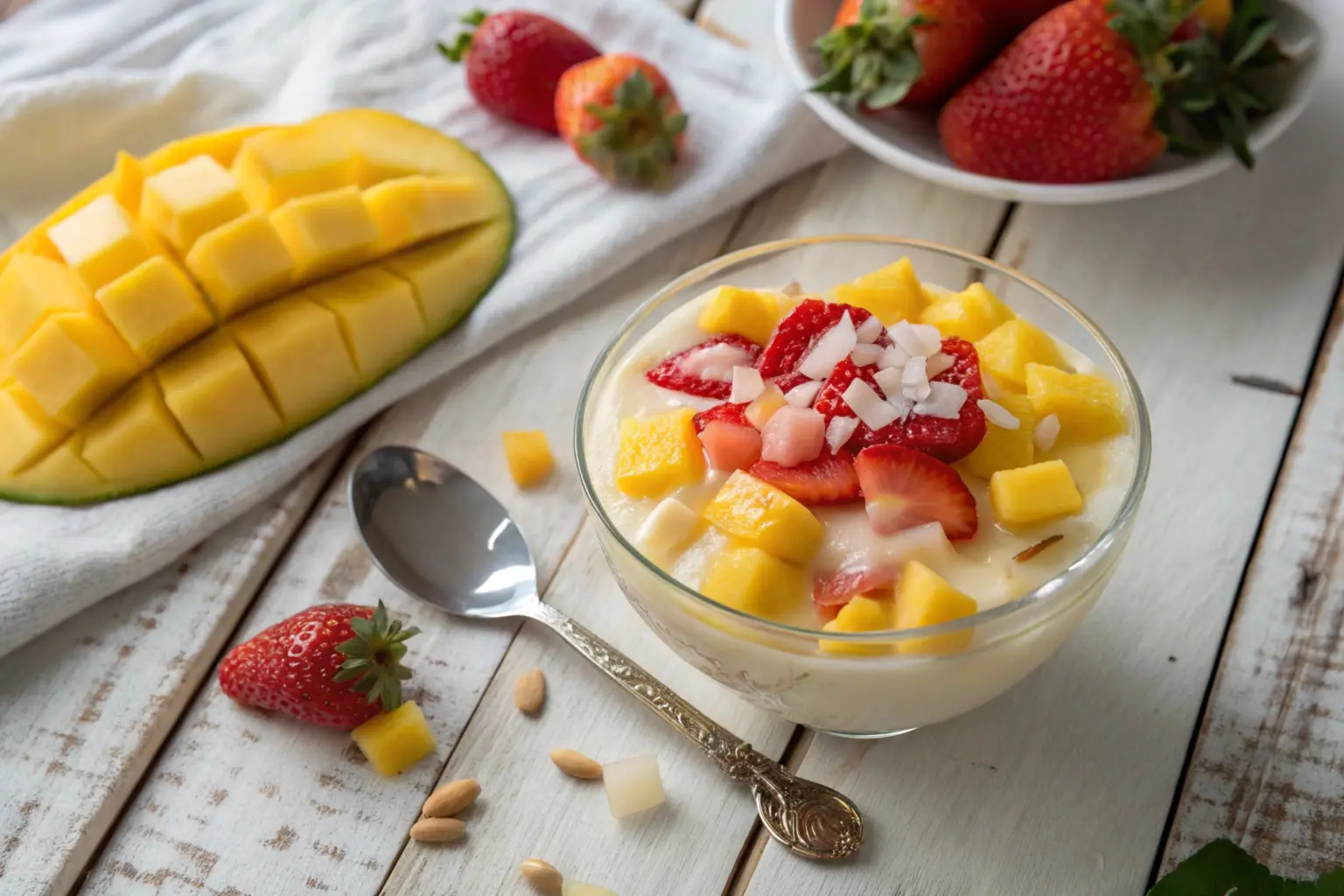 Glass bowl of nata fruit pudding topped with fresh mango and strawberries.