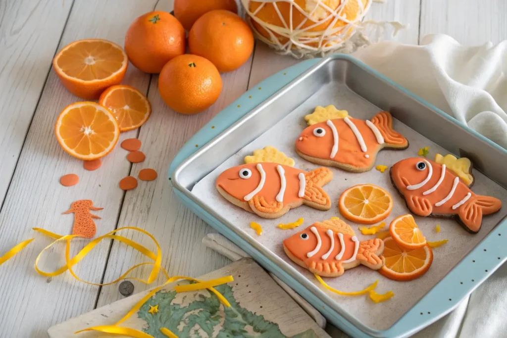 A tray of orange fish cookies decorated with royal icing and surrounded by fresh oranges and zest.