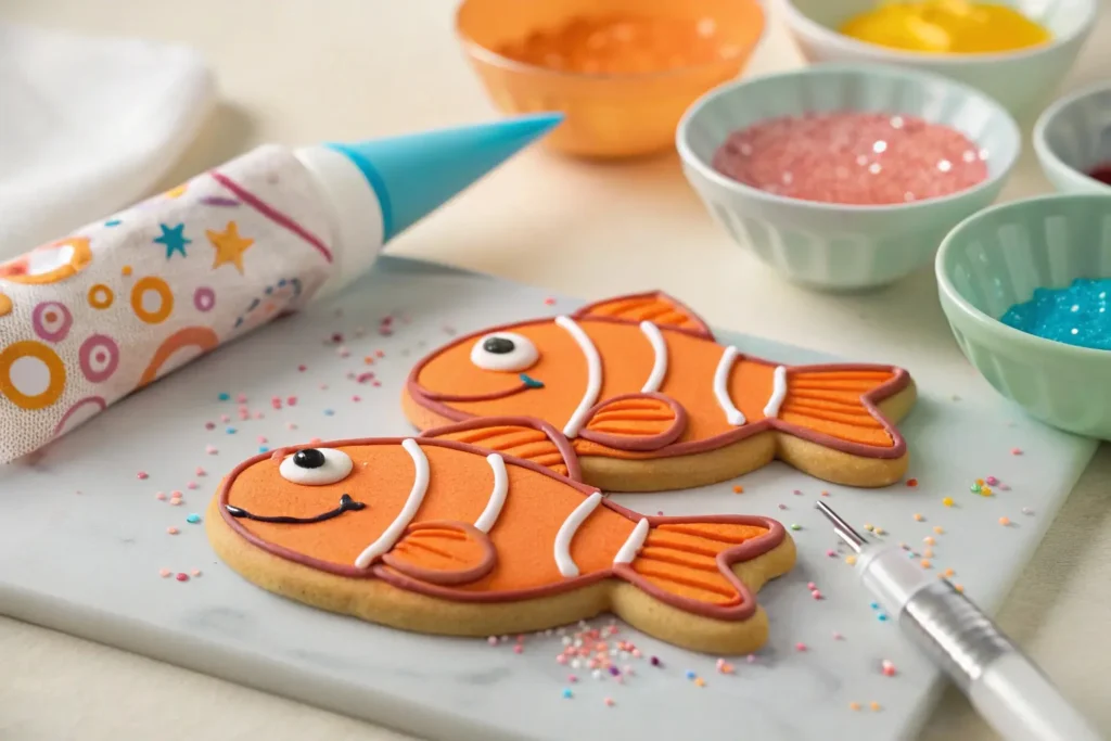 Orange fish cookies being decorated with royal icing and edible glitter, with piping bags and colorful icing nearby.